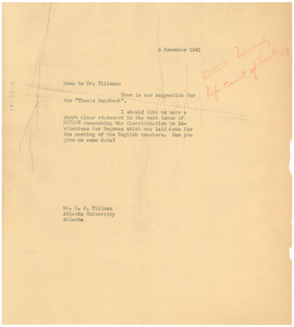 Memo from W. E. B. Du Bois to N. P. Tillman