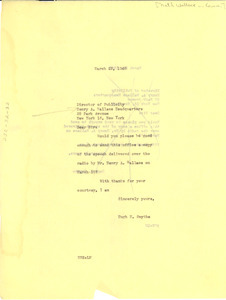 Letter from Hugh H. Smythe to National Wallace for President Committee