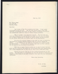 Letter from W. E. B. Du Bois to Chanan Singh