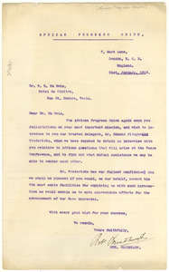 Letter from African Progress Union to W. E. B. Du Bois