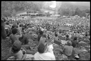 View of the crowd and stage in the distance at the Sugarbush Folk Festival