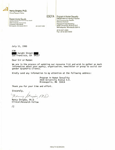 Correspondence from Nancy Strapko to Lou Sullivan (July 11, 1990)