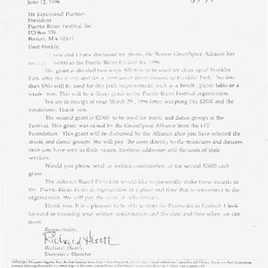 Correspondence between Richard Heath and Freddie Fuentes regarding Boston GreenSpace Alliance's corporate sponsorship of Festival Puertorriqueño 1996