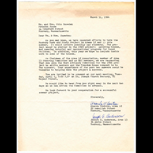 Letter from Amanda Houston and Joseph E. Anderson to Mr. and Mrs. Otto Snowden concerning Roxbury work and study project and meeting to be held April 5, 1966