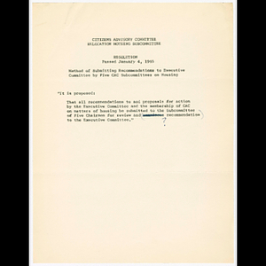 Citizens Advisory Committee Relocation Housing Subcommittee resolution passed January 4, 1965