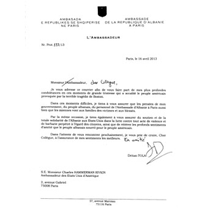Letter from Dritan Tola, the Ambassador of the Republic of Albania to France, to the United States Ambassador to France Charles Rivkin