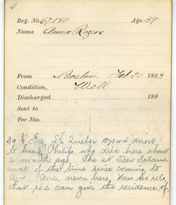 Tewksbury Almshouse Intake Record: Rogers, Anna