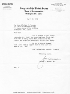 Letter to Paul E. Tsongas from Joseph M. McDade