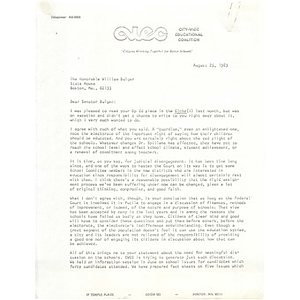 Letter, Senator William Bulger, August 25, 1983.