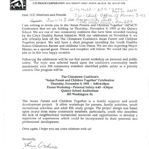 Invitation to an "Asian Parents and Children Together" Celebration, held by The Chinatown Coalition