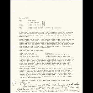 Letter from Linda Mayo-Perez to Toye Brown and Mittie Thomas regarding Goldenaires summer in Martha's Vineyard