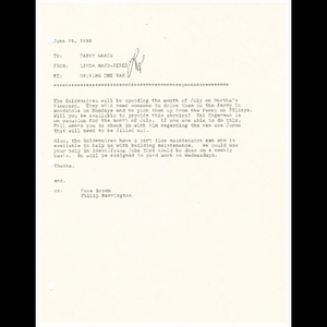 Letter from Linda Mayo-Perez to Parky Grace regarding driving Goldenaires van