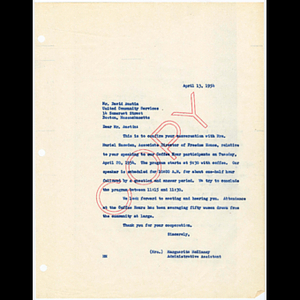 Letter from Marguerite McKinney to David Austin of United Community Services about speaking at Freedom House Coffee Hour