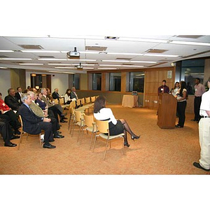 Ana Hidalgo speaks to an audience from a podium