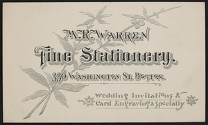 Trade card for M.R. Warren, fine stationery, 330 Washington Street, Boston, Mass., undated