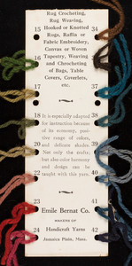 Sample card for The Bernat Craft Yarn, Emile Bernat Co., handicraft yarns, Jamaica Plain, Mass., undated