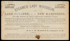 Trade card for the steamer Lady Woodsum, D. & F.M. Woodsum, proprietors, Lake Sunapee, Sunapee, New Hampshire, 1877