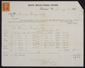 Billhead for Hope Mills Meal Store, Rutland, Vermont, dated January 16, 1869