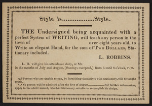 Trade card for L. Robbins, writing master, location unknown, undated