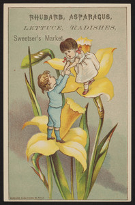 Trade card for Sweetser's Market, rhubarb, asparagus, lettuce, radishes, 6 Granite Street, Quincy, Mass., undated