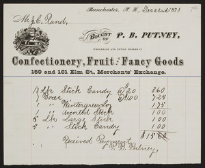 Billhead for P.B. Putney, confectionery, fruit and fancy goods, 159 and 161 Elm Street, Merchants' Exchange, Manchester, New Hampshire, dated December 22, 1873