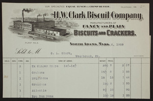 Billhead for the H.W. Clark Biscuit Company, manufacturers of fancy and plain biscuits and crackers, North Adams, Mass., dated November 6, 1909