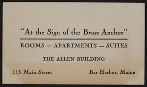 Trade card for The Allen Building, rooms, apartments, suites, 115 Main Street, Bar Harbor, Maine, undated