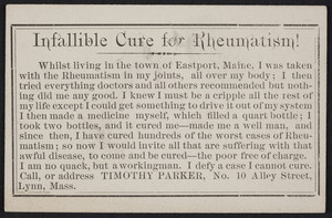 Trade card for Timothy Parker, rheumatism tonic, No. 10 Alley Street, Lynn, Mass., undated