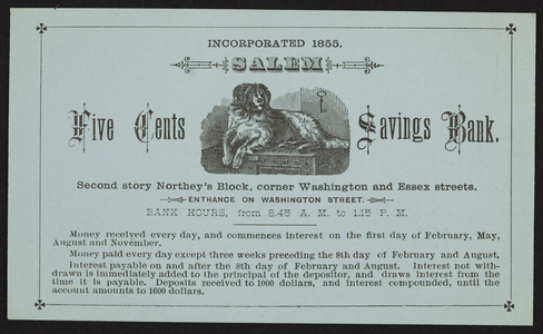 Trade card for the Five Cents Savings Bank, corner Washington and Essex Streets, Salem, Mass., January 6, 1880