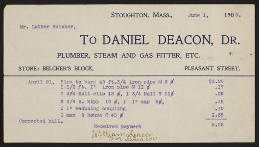Billhead for Daniel Deacon, Dr., plumber, steam and gas fitter, Pleasant Street, Stoughton, Mass., dated June 1, 1900