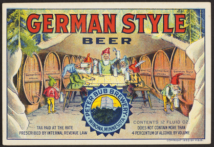 Label for German Style Beer, Peter Bub Brewery, Winona, Minnesota, 1933