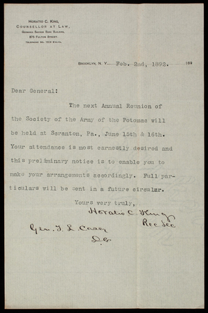 Horatio C. King to Thomas Lincoln Casey, February 2, 1892