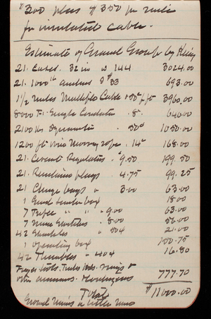 Thomas Lincoln Casey Notebook, Professional Memorandum, 1889-1892, undated, 11, $300 plus $300 [illegible] insulated cable