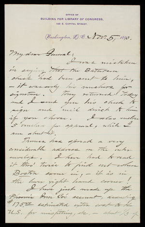 [Bernard] R. Green to Thomas Lincoln Casey; November 5, 1890