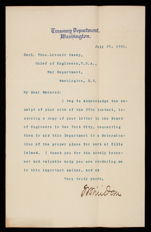 [William] Winidom to Thomas Lincoln Casey, July 28, 1890