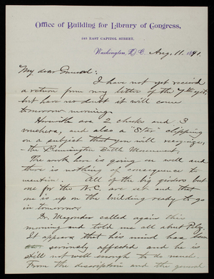 Bernard R. Green to Thomas Lincoln Casey,August 11, 1891