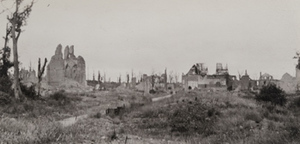 View of a road leading to a destroyed town, Nieuport [Nieuwpoort]