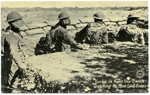 Yanks in front line trench watching no man's land, France