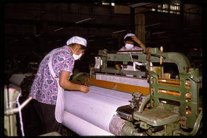 Cotton mill: workers operating a loom