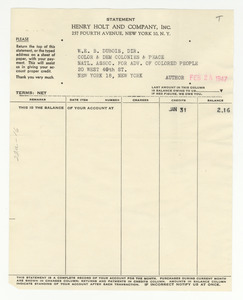 Account statement from Henry Holt and Company to W. E. B. Du Bois