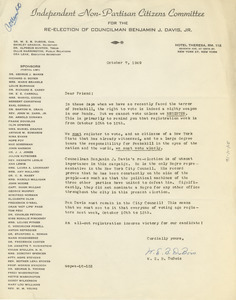 Circular letter from Independent Non-Partisan Citizens Committee for the Re-election of Councilman Benjamin J. Davis Jr. to unidentified correspondent