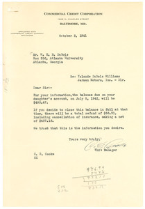 Letter from Commercial Credit Corporation to W. E. B. Du Bois