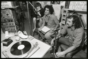 Abbie Hoffman: unidentified woman, Hoffman, and George Kimball (left to right) in WBCN studio