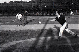 Boston Phoenix vs. WBCN staff softball game: Pheonix staff members in the field, Harper Barnes at shortstop