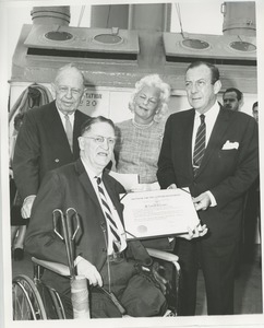 Dr. Stevenson being presented with an award by Jeremiah Milbank, Sr., Mrs. H. Lawrence Bogert, Jr. and Mayor Robert F. Wagner