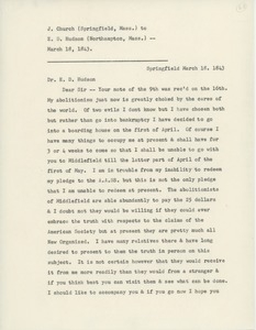 Transcript of letter from J. Church to Erasmus Darwin Hudson