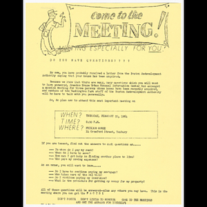 Flier for people who received letter from Boston Redevelopment Authority whose house was acquired about attending meeting on February 20, 1964