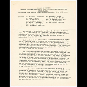 Minutes for Citizens Advisory Committee, Relocation Housing Subcommittee meeting on April 3, 1964
