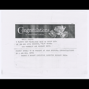 Telegram from Thomas H. Wright to Mr. and Mrs. Otto Snowden congratulating them on Pilot House opening