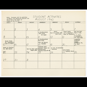 August 1965 calendar with student activities, Roxbury Work and Study Project